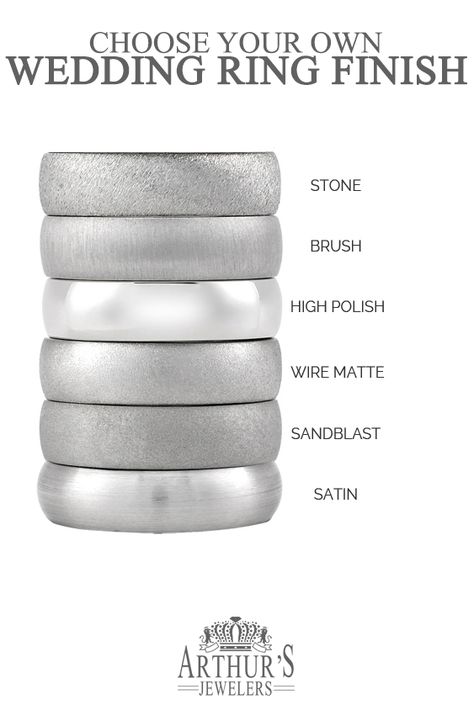 Choose your own wedding ring finishes from stone, brushed, high polish, wire matte, sandblast, satin finish, or distressed. Any men's wedding band can be customized in any metal or finish at Arthur's Jewelers. #mensweddingbands #weddingrings #mensbands #weddings Men’s White Gold Wedding Ring, Man Wedding Ring White Gold, Brushed White Gold Mens Wedding Band, Mens Wedding Ring Platinum, White Gold Wedding Ring Men, Platinum Wedding Ring Men, Silver Vs White Gold, White Gold Engagement Rings Men, Gold And Silver Wedding Bands