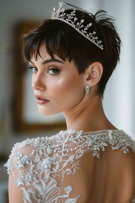 Bridal Pixie Hair, Pixie Cut Wedding Hair, Pixie Bride, Bridal Hairstyles For Short Hair, Pixie Wedding Hair, Elegant Short Hairstyles, Short Bridal Hair, Unique Wedding Hairstyles, Short Hair Bride