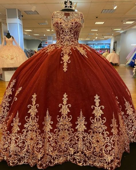 Red N Gold Quince Dresses, Burnt Orange Quinceanera Dress, Quince Royalty Theme, Red And Gold Dama Dresses, Quince Dresses Burgundy And Gold, Quinceanera Dresses Burgundy And Gold, Burgundy Red Quince Dresses, Dark Red And Gold Quinceanera Dresses, Red And Gold Sweet 16 Dresses