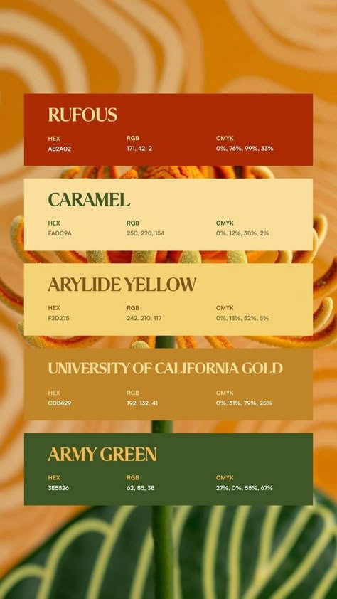 Yellow Orange Gold Color Palette, Gold Yellow Color Palette, Color Palettes With Orange, Spanish Color Palette, Orange Green Color Palette, Green Orange Color Palette, November Color Palette, Yellow Colour Combination, Gold Color Combinations