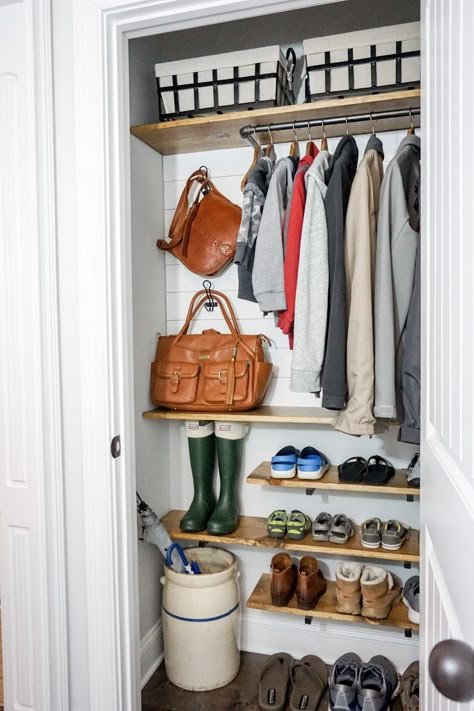 Coat Closet Organization Ideas, Coat Closet Organization Front Entry, Diy Coat Closet, Entry Closet Organization, Closet Makeover Ideas, Coat Closet Makeover, Coat Closet Ideas, Small Coat Closet, Coat Cupboard