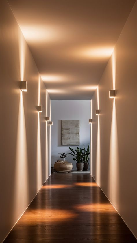 Creative Ways to Style Narrow Hallways in Your Home 23 Ideas How To Decorate A Long Wall Hallway, Cozy Hallway Decor, Hallway Lighting Ideas Wall Lights, Modern Long Hallway Ideas, Passage Way Design, Brighten Up Hallway, Entry Hall Wall Ideas, Small Hallway Accent Wall Ideas, Bedroom Corridor Ideas