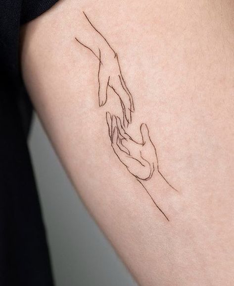 Intertwined Hands Tattoo, 2 Hands Touching Tattoo, Heart In Hands Tattoo, Tatoos Of Hands, Cupped Hands Tattoo, Tattoo Of Hands Reaching, Tattoos Hands Touching, Physical Touch Tattoo, Hands Reaching For Eachother