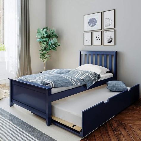 Amazon.com: Max & Lily Twin Bed, Wood Bed Frame with Headboard For Kids with Trundle, Slatted, Blue : Home & Kitchen Twin Bed Wood, Full Bed With Trundle, Low Bunk Beds, Twin Trundle Bed, Under Bed Drawers, Bed With Trundle, Bed Frame With Headboard, Bed Wood, Slatted Headboard