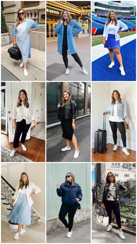 Plus Size Outfits With White Sneakers, Work Outfits With Running Shoes, Plus Size Fashion With Sneakers, White Sneakers Outfit Plus Size, Plus Size Casual Outfits With Sneakers, Outfits With White Tennis Shoes, How To Style White Sneakers, Platform Sneakers How To Wear, Flat Sneakers Outfit