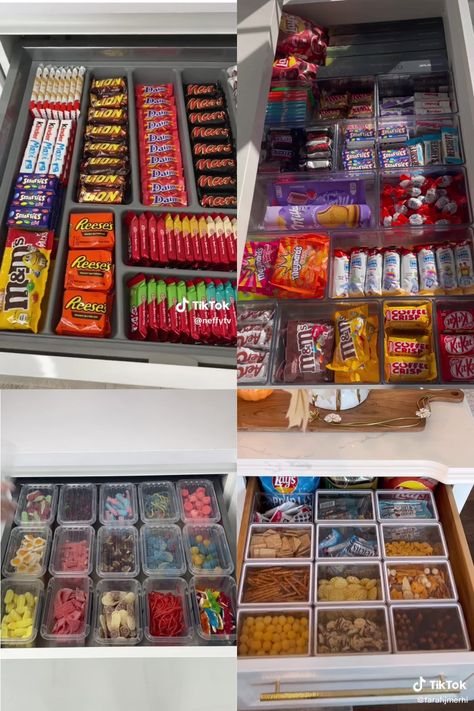 Movie Snack Drawer, Snacks Drawer Organization, Snack Cart Bedroom, Organized Snack Drawer, Food Storage In Bedroom, Aesthetic Snack Drawer, Snack Organization Ideas Bedroom, Snacks For Bedroom, Snack Drawer Organization Bedroom