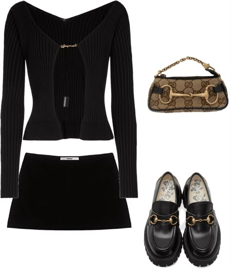 Outfit Ideas Shoplook, Gucci Outfit Ideas, Outfit Ideas With Black Skirt, How To Style A Black Mini Skirt, Gucci Aesthetic Outfit, Outfit Ideas With Loafers, Gucci Clothes Women, Mini Black Skirt Outfit, Outfit Ideas Mini Skirt