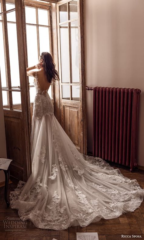 Romantic Backless Wedding Dress, Wedding Dress Lace Backless, Romantic Feminine Wedding Dress, Bustier Mermaid Wedding Dress, One Of A Kind Wedding Dress, Elegant Fit And Flare Wedding Dress, Midevil Wedding Dress, Long Sleeve Fitted Wedding Dress, Siren Wedding Dress