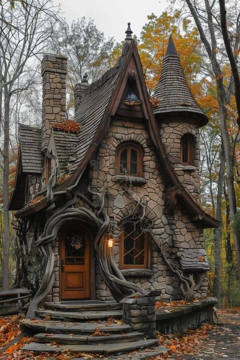 Magical Cottage In The Woods, Witchy House Exterior, Witch House Exterior, Witch House Aesthetic, Mystical House, Hobbit Decor, Witches Hut, Fantasy Dwellings, Fairytale Houses