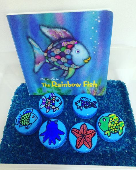 Rainbow Fish Sensory Bin, Rainbow Fish Sensory Activities, Fish Sensory Bin, Rainbow Fish Story, August Ideas, August Activities, Eyfs Maths, The Rainbow Fish, Colored Rice