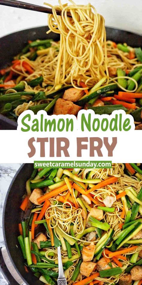 Fried Salmon Recipes, Homemade Ramen Noodles, Stir Fry Noodles Recipe, Salmon Noodles, Salmon Stir Fry, Salmon Vegetables, Rice Noodle Recipes, Noodle Stir Fry, Salmon And Broccoli