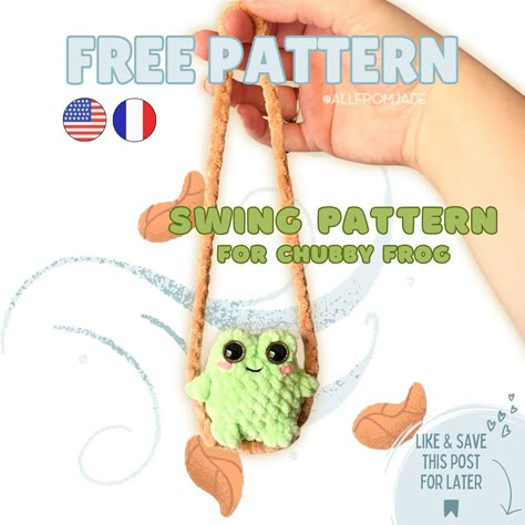 Jade Gauthier-Boutin | FREE PATTERN 🍃 🇺🇸 & 🇫🇷 This is a free pattern to make the SWING that you can use with my no-sew Chubby Frog pattern (paid pattern). ✨ S… | Instagram Crochet Swinging Animal Free Pattern, Crochet Swinging Animal, No Sew Amigurumi Free Pattern, Frog Crochet Pattern Free, Amigurumi No Sew, Crochet Christmas Presents, About Me Crafts, Ideas To Crochet, Crochet Ocean