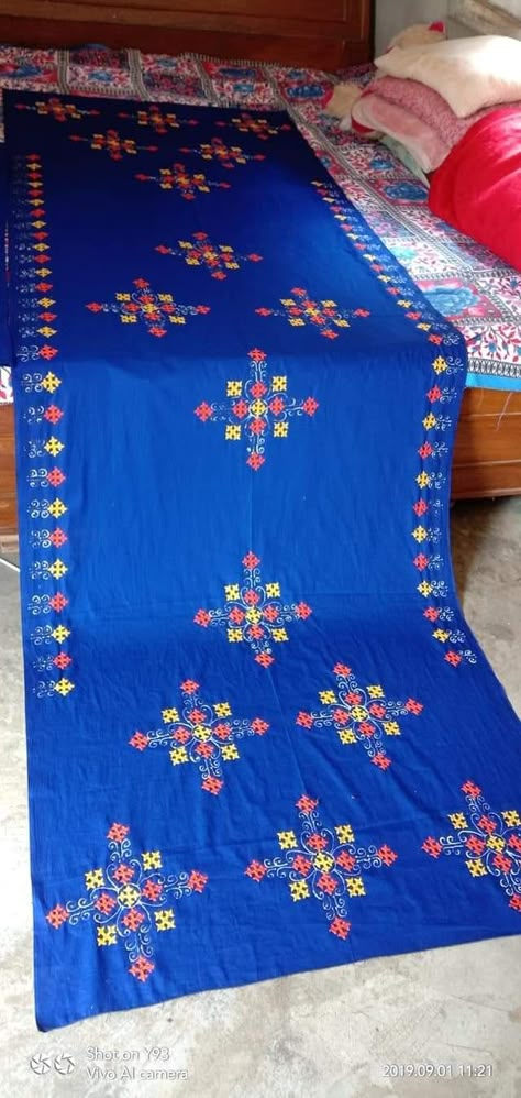 Done by Pampi Rajkhowa Gujarati Stitch Design, Kacchi Work Design, Kutch Work Saree, Embroidery Symbols, Quotes Embroidery, Hoops Embroidery, Embroidery Quotes, Books Embroidery, Kasuti Embroidery