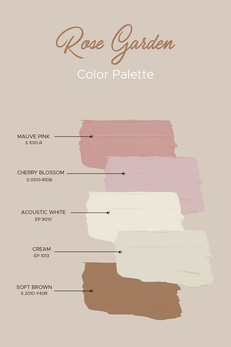 Rose garden color palette from Emirates Paints. Soft Pink And Purple Color Palette, Light Pink Brown Aesthetic, Pink White And Brown Bedroom, Neutral Room Color Palette, Pink Brown White Color Palettes, Pink And White Pallete, Neutral Room Paint Colors, Cream Pink Color Palette, Pink Cream Brown Color Palette