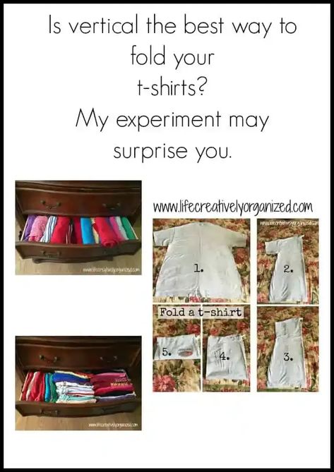 Is vertically folding t-shirts the best way? My experiment may surprise you. My results on vertically folding t-shirts vs. other folding methods. Diy Dollar Tree Storage, Diy Fairy House, Dollar Tree Storage, Whimsical Diy, Storage Organization Ideas, Saving Money Frugal Living, Bedroom Drawers, Fairy House Diy, Konmari Method