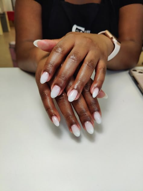 2023 Nail Trends Black Women, Bias Nail Designs, Spring Mani And Pedi Ideas, Shades Of White Nails, Bias Nails, Milky White Nails Black Women, Wedding Nails For Black Bride, White Nails Black Women, Short White Almond Nails