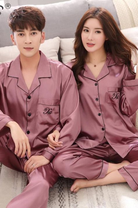 Luxury Pajama suit Satin Silk Pajamas Sets Couple Sleepwear Family Pijama Lover Night Suit Men & Women Casual Home Clothing Couple Sleepwear, Pijama Satin, Pijamas Women, Luxury Pajamas, Couple Pajamas, Pajama Fashion, Winter Fashion Coats, Silk Pajama, Pajama Suit