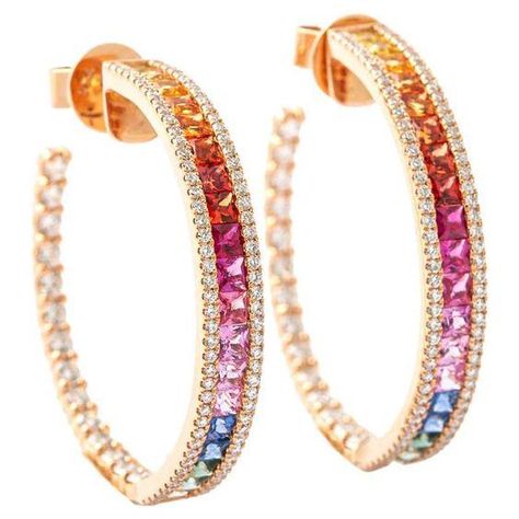 Rainbow Sapphires 3.72 carats and Diamond 2.03cts on pink gold 18K Earrings. Rolex Rainbow, Sapphire Earring, Pink Stone Rings, Diamonds Earrings, Rainbow Sapphires, Jewellery Inspiration, Loop Earrings, Sapphire Earrings, Pink Stone