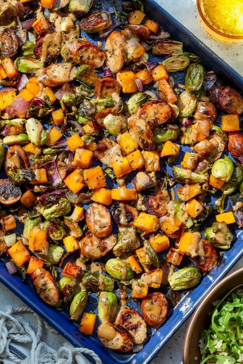 Sweet Potato Brussels Sprouts, Chicken Sausage And Veggies, Kale And White Bean Soup, Shallot Dressing, Pumpkin Pasta Bake, Kale And White Bean, Meal Vegetarian, Volume Eating, Sausage And Veggies