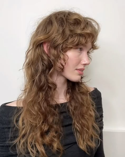 Super Curly Hair With Bangs, Shaggy Curly Hair Blonde, Curly Wavy Wolf Cut, Curly Hair Mullet Long, Ethereal Haircut, Fairy Shag Haircut, Soft Mullet Long Hair, Alternative Curly Haircut, Shag Wolf Cut Medium