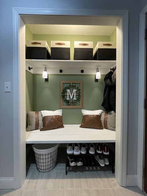 Hall Closet Reading Nook, Bedroom Cubby Hole Ideas, Closet Turned Bed Nook, Closet At Top Of Stairs, Closet Redo Entryway, Closet Transformed Into A Book Nook, Foyer Reading Nook, Closet Reuse Ideas, Closet Turned Nook