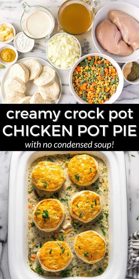 Crock Pot Chicken Pot Pie (NO CONDENSED SOUP!) Deconstructed Chicken Pot Pie Crockpot, Crock Pot Chicken Pot Pie Dairy Free, Chicken Pot Pie Crock Pot, Slow Cooker Chicken Pot Pie Recipe, Slow Cooker Chicken Pot Pie, Sodium Foods, Chicken Potpie, Crockpot Chicken Pot Pie, Zucchini Bake