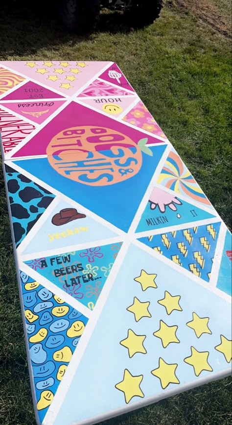 Pink and blue, painted, drinking Ping Tables Painted, 21st Beer Pong Table, Preppy Pong Table, Peer Pong Painted Table, Pong Table Designs College, Beer Pong Table Painted Western, Yee Claw Pong Table, Pong Table Template, Decorated Beer Pong Table