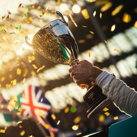 Victorious moment with a racing driver holding the trophy on the podium. The scene features orange confetti falling stock photography Trophy Photography, Confetti Falling, Orange Confetti, Vector Food, Uk Flag, Racing Driver, The Scene, Confetti, Victorious