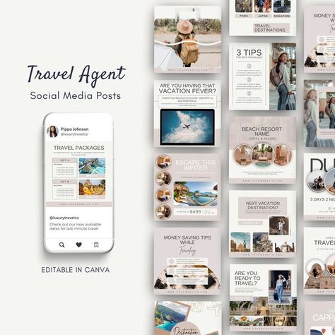 Insta Templates 🌹 🌍✨ Elevate your travel content game with our exclusive Travel Agent Social Media Post Templates!  ✈️ Perfect for agents, bloggers, vloggers, and influencers, these templates make your Instagram or Facebook an instant visual escape.  🎨 No design degree needed! Effortlessly personalize each template to align with your unique style and branding. Effortlessly customize, stand out, and attract new clients. ✈️ Ready to upgrade your feed? Download now and let the wanderlust begin! Travel Agency Instagram Feed, Travel Agent Social Media, Travel Agent Instagram, Canva Templates Ideas, Agency Social Media Post, Canva Templates Free, Aesthetic Canva Templates, Canva Templates Instagram Post, Me Template