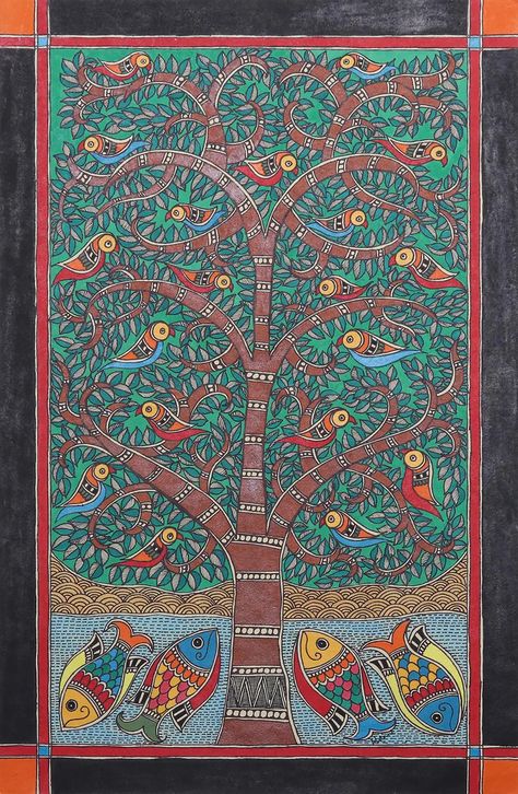 Nature-Themed Madhubani Painting from India - Tree of Life | NOVICA Madhubani Paintings Peacock, Painting Madhubani, Tree Of Life Painting, Indian Arts And Crafts, Kalamkari Painting, Easy Wedding, Colorful Tree, Tree Of Life Art, Pichwai Paintings