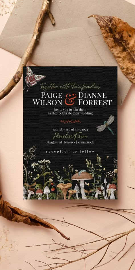 Dark Forest Wedding Invitations, Dark Fantasy Wedding Invitations, Wedding Invitations Cottagecore, Mushroom Wedding Invitation, Nature Themed Wedding Invitations, Witchy Wedding Invitations, Whimsical Save The Date, Dark Cottagecore Wedding, Fairy Wedding Invitations