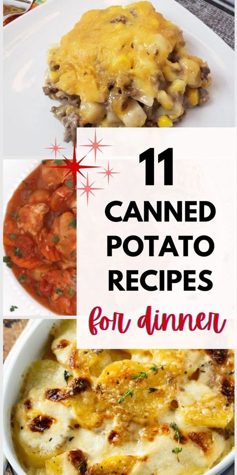 Got canned potatoes to use up? Check these canned potato recipes for main dishes and side dishes for an easy dinner! This list of canned potato recipes has everything from meaty main dishes to vegan soups and vegetarian potato side dishes, recipes using whole canned potatoes, sliced potatoes, and diced potatoes. Lots of gluten-free potato recipes, too. Recipe With Canned Potatoes, Canned Potato Recipes, Canned Potatoes Recipes, Potato Recipes For Dinner, Canned Vegetable Recipes, Can Potatoes Recipes, Can Potatoes, Potatoe Dinner Recipes, Potato Recipes Crockpot