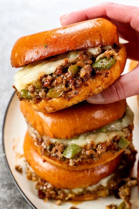 Philly Cheesesteak Sloppy Joes + VIDEO! (How to Make Ahead/Freeze) Cheesesteak Recipes, Cheesesteak Sloppy Joes, Philly Cheesesteak Sloppy Joes, Cheesesteak Sandwich, Carlsbad Cravings, Joe Recipe, Sloppy Joes Recipe, Food Inspired, Philly Cheesesteak