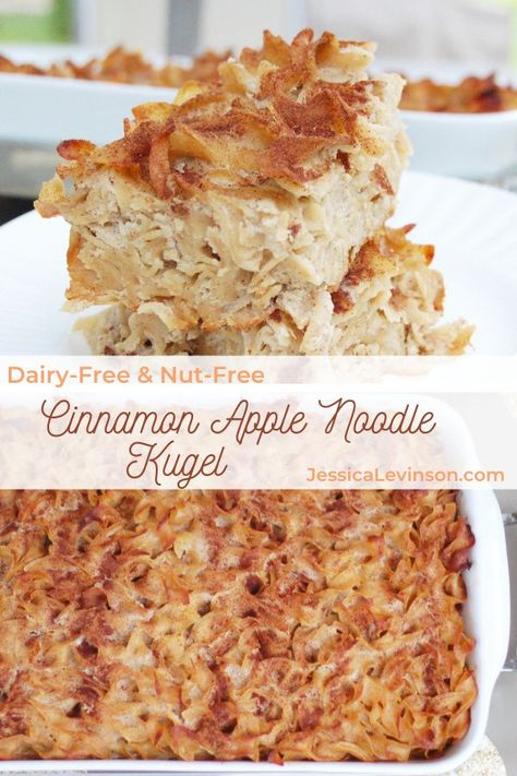 This dairy-free, nut-free cinnamon apple noodle kugel is a sweet and comforting side dish traditionally served on Rosh Hashana and other Jewish holidays. Get the recipe at JessicaLevinson.com | #RoshHashana #JewishFood #noodlekugel Apple Kugel Rosh Hashana, Rosh Hashana Kugel, Noodle Kugel Recipe Non Dairy, Side Dishes For Rosh Hashana, Apple Cinnamon Noodle Kugel, Dairy Free Noodle Kugel, Rosh Hashanah Noodle Kugel, Apple Noodle Kugel Recipe, Apple Noodle Kugel