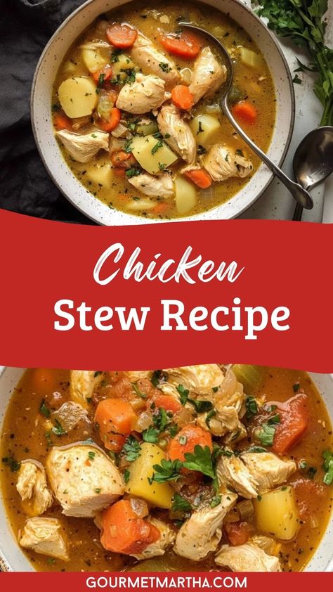 Warm up with this classic chicken stew recipe, loaded with tender chicken, fresh veggies, and rich flavors. It's the perfect comfort food for any season. Ready to cook? Click for the recipe #ChickenStew #ComfortFood #HeartyMeals #ChickenRecipes #HomemadeStew #EasyDinner #HealthyComfortFood Best Chicken Stew, Veg Stew, Chicken Vegetable Stew, Chicken Stew Recipe, Chicken Fresh, Stew Chicken Recipe, Chicken Vegetable, Hearty Chicken, Vegetable Stew