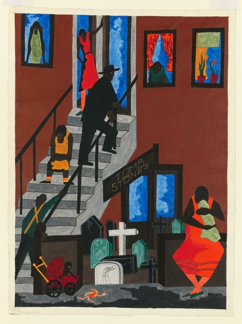 Characteristic of Jacob Lawrence’s work in the 1940s are subjects drawn from the streets and interiors of Harlem. Although he believed that you cannot “tell a story in a single painting,” Lawrence occasionally worked outside the series structure for which he is best known. In uninflected areas of bold color, Tombstones pictures neighbors and residents in front of an apartment building. It encapsulates the full sweep of life within the African American community, from the cradle—the baby carriage Jacob Lawrence Paintings, Jacob Lawrence Art, Tombstone Pictures, Jacob Lawrence, United States Coast Guard, The Cradle, Cycle Of Life, Whitney Museum, Canadian Art