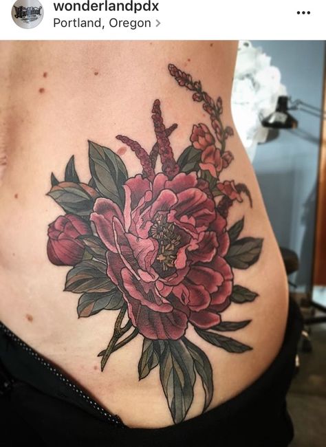 Burgundy floral tattoo by Wonderland PDX Plants Tattoo, Botanical Bouquet, Peony Tattoo, Wonderland Tattoo, Cover Up Ideas, Color Tattoos, Plant Tattoo, Tatuaje A Color, Inspiration Tattoos