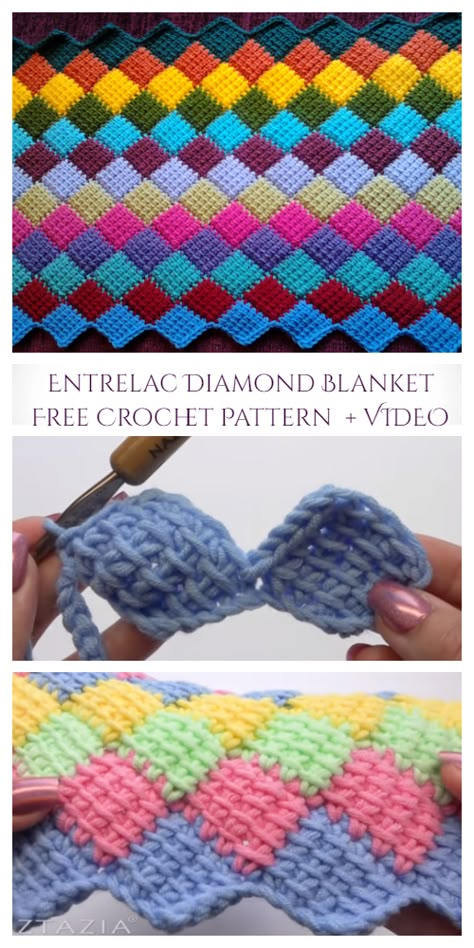 Tunisian Crochet Entrelac Diamond Blanket Free Crochet Pattern - Video Tusinian Crochet Patterns, Enterlac Crochet, Crochet Entrelac, Tunisian Crochet Free, Entrelac Crochet, Crochet Dog Sweater Free Pattern, Tunisian Crochet Blanket, Small Bunny, Crochet Baby Blanket Free Pattern