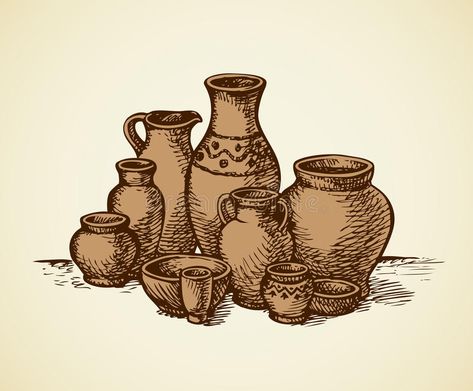 Clay Pots Of Different Sizes And Shapes. Vector Sketch Stock Vector - Illustration of dish, drawing: 76324302 Pot Drawing Design, Clay Pot Tattoo, Pottery Drawing Ideas, Clay Pot Drawing, Jug Tattoo, Pot Drawing Ideas, Pottery Sketch, Pots Drawing, Dish Drawing