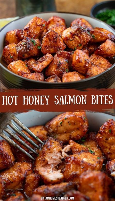 Hot Honey Salmon Bites are seasoned bite-sized pieces of salmon, perfectly cooked in an air fryer, and then smothered in a sweet and spicy hot honey glaze. Serve the salmon bites as an appetizer or the main course with a side dish. Things To Do With Salmon, Healthy Dinner Salmon Recipes, Spicy Honey Garlic Salmon Bites, Spicy Salmon Cucumber Boats, Honey Glazed Salmon Bites, Salmon Pineapple Bowl, Fish Bowls Recipe, Easy Salmon Bites Recipes, Recipes That Use Hot Honey