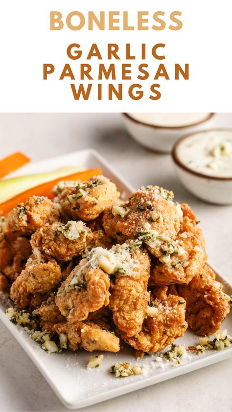 Boneless Garlic Parmesan Wings Boneless Chicken Wings Garlic Parmesan, Keto Boneless Chicken Wings, Garlic Parm Boneless Wings, Boneless Chicken Wings Recipe Air Fryer, Easy Boneless Wings Recipe, Boneless Garlic Parmesan Wings, Wingstop Boneless Wings Recipe, Boneless Chicken Wings Air Fryer, Baked Boneless Wings Recipe