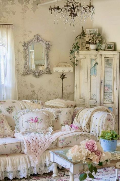 Shabby Chic Cottagecore, Shabby Chic Slipcovers, Cottage Sofa, Mismatched Furniture, Pretty Cottage, Shabby Chic Living Room, Family Rooms, Old Wood, Sofa Covers