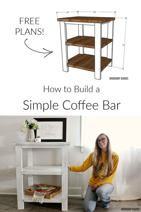 Build your own easy DIY coffee bar table with these free building plans! Simple DIY coffee station table perfect for small space in kitchen or dining area. Small Table For Coffee Station, Small Diy Table, Wooden Coffee Station, Coffee Bar Plans Diy, Small Coffee Bar Table, Diy Wood Coffee Bar, Small Diy Coffee Bar, Simple Diy Coffee Bar, Diy Coffee Bar Small Space