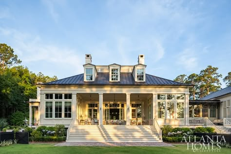 Lowcountry Revival - Atlanta Homes and Lifestyles Homes With Circular Driveways, Back Porch With Outdoor Kitchen, Greek Revival Porch, Greek Revival Home Exterior, Harris House, Low Country Homes, Atlanta Homes And Lifestyles, Greek Revival Home, Good Sunday Morning