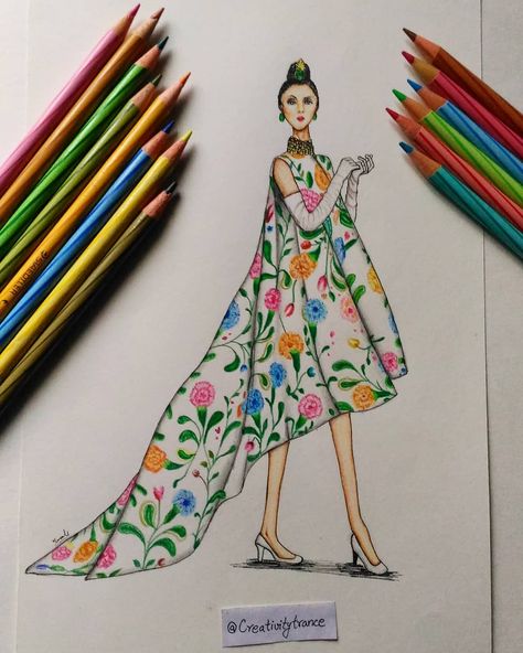 Inspiration - colorful floral print dress (1958) by #balenciaga This print took quite some time to finish 😅 Successfully finished this… Floral Print Illustration Dress, Floral Print Illustration Fashion, Floral Print Dress Drawing, Print Illustration Design, Floral Dress Drawing, Floral Dress Illustration, Dress Illustration Design, Floral Design Drawing, Floral Prints Fashion