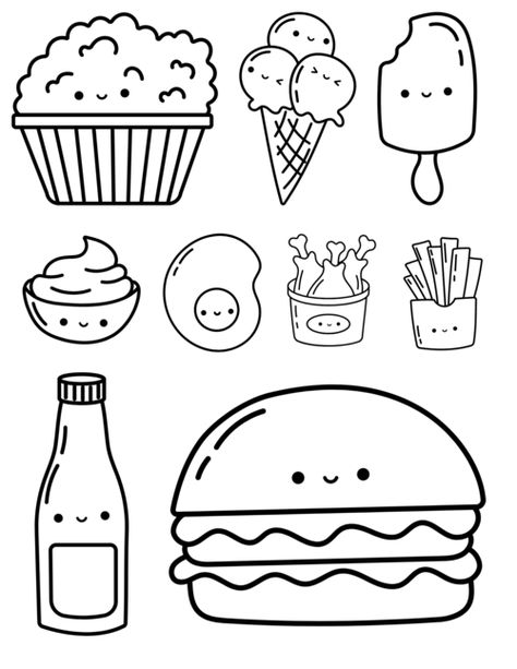 Free Printable Cute Kawaii Food Coloring Pages Coloring Stickers Printables, Sticker Coloring Pages, Coloring Food Pages, Cute Coloring Pages Easy, Colouring Pictures For Kids, Food Drawings Cute, Cute Easy Coloring Pages, Kawaii Coloring Sheets, Art Food Drawing