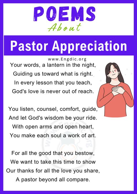 Pastor Appreciation Day is a wonderful occasion to express gratitude for the tireless efforts and spiritual guidance of our pastors. Through their teachings, leadership, and compassion, they inspire and uplift our communities. In this blog post, we’ve gathered ten heartfelt poems that beautifully convey our thanks and admiration for these dedicated individuals. Join us in celebrating the invaluable role pastors play in our lives with these eloquent verses. Short Pastor Appreciation Poem... Praying For Your Pastor, Thankful Poems, Pastor Appreciation Poems, Appreciation Poem, Pastor Appreciation Quotes, Heartfelt Poems, Encouraging Poems, Pastor Appreciation Month, Writing Songs Inspiration