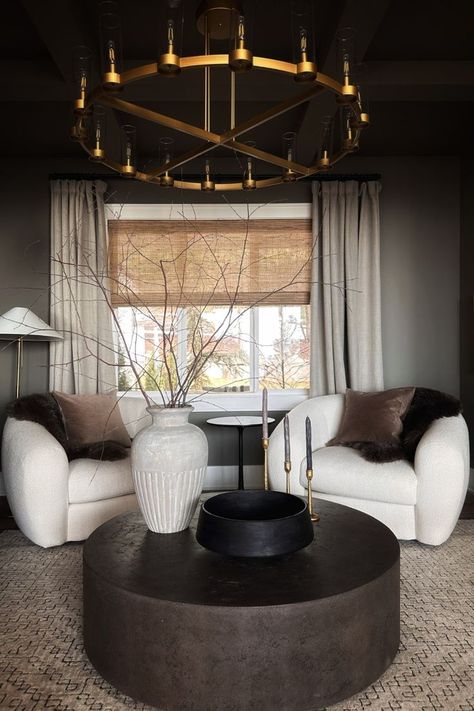 Our Sitting Room is the perfect space for that extra cup of coffee. Oversized chairs, natural elements, and a moody and cozy paint Sitting Room Ideas Cozy, Moody Living Room, Sitting Room Design, Flex Room, Living Room Inspo, Formal Living Rooms, Front Room, Lounge Areas, Round Coffee Table