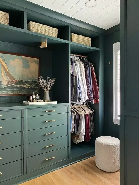 The best closet makeovers using IKEA PAX systems with hacks to make it look custom and solutions for creating the most functional storage. Walk In Closet Colour Ideas, Closet Cabinet Color Ideas, Bedroom To Walk In Closet Conversion, Guest Bedroom Walk In Closet, Ikea Pax Closet Bedroom, Weird Closet Space, Dresser And Closet Combo, Walk In Closet Green, Update Walk In Closet