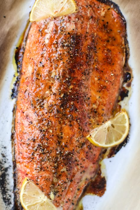 Hot Honey Recipes, Mikes Hot Honey, Hot Honey Salmon, Honey Salmon Recipes, Hot Honey Recipe, Salads For Lunch, Oven Roasted Salmon, Honey Salmon, Garlic Butter Salmon